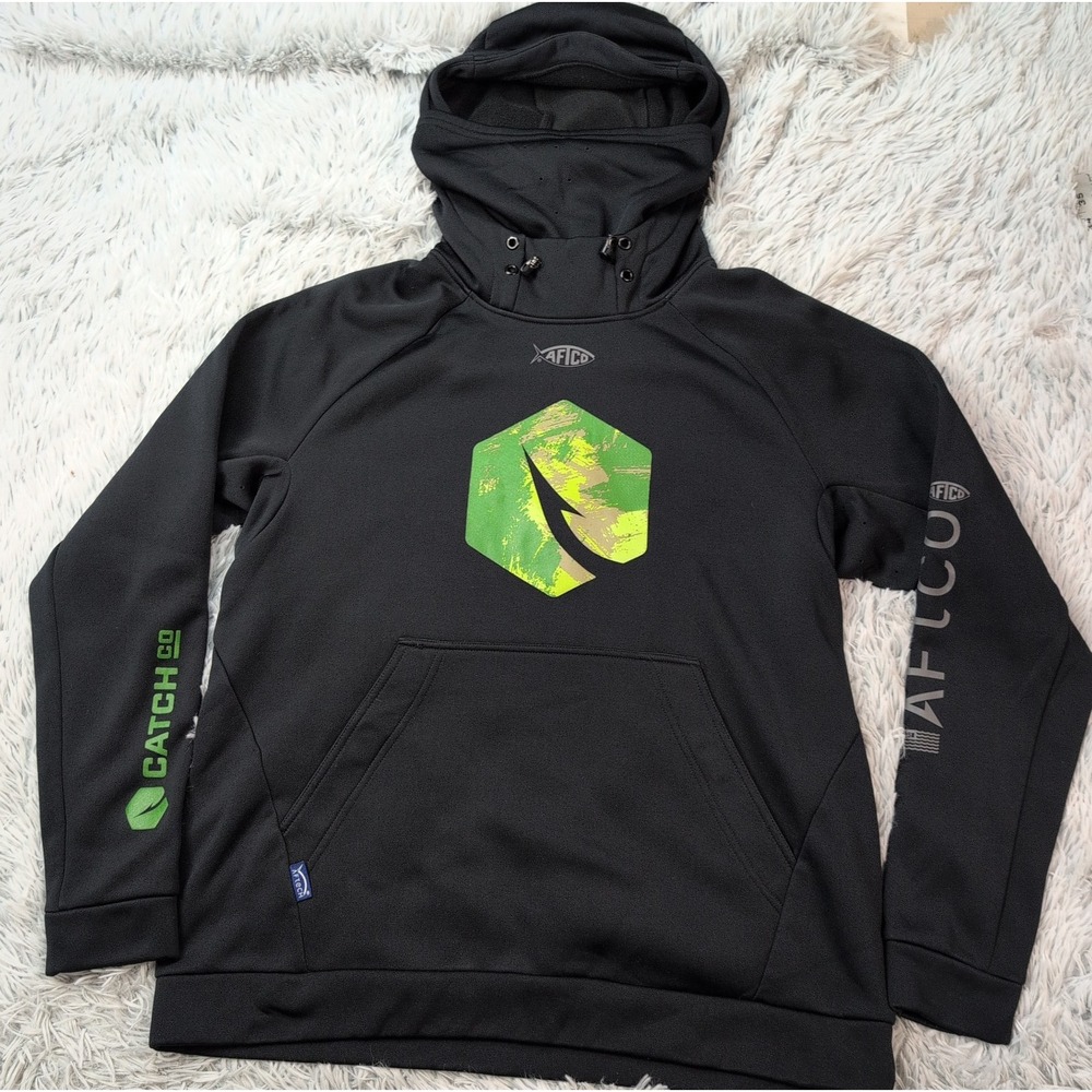 Aftco Sweatshirt Mens S Black Hoodie Athletic Pocket Vented Face Mask Fishing